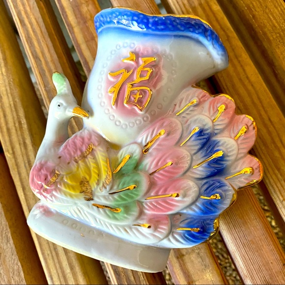 Vintage Ceramic Bird Peacock Pastel Colors Vase Bamboo Succulents Asian Gold